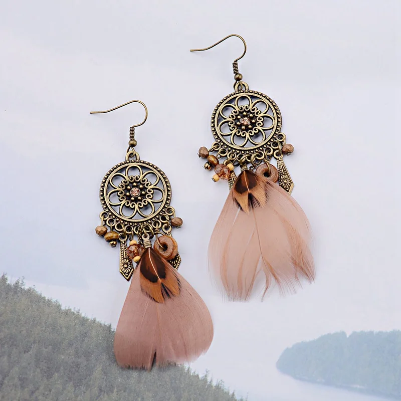 Amader Retro Dreamcatcher Shaped Feather Pendant Round Earrings For Women Ethnic Style Feather Earrings Orecchini Etnici HQE423