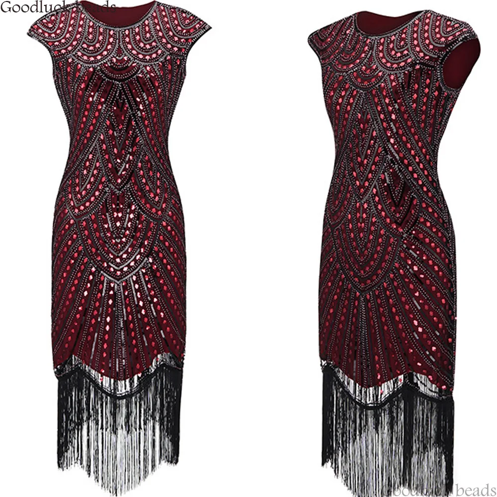 

Vintage 1920s Flapper Dress O-Neck Sleeveless Sequin Party Beaded Midi Dresses Women Vestidos Summer