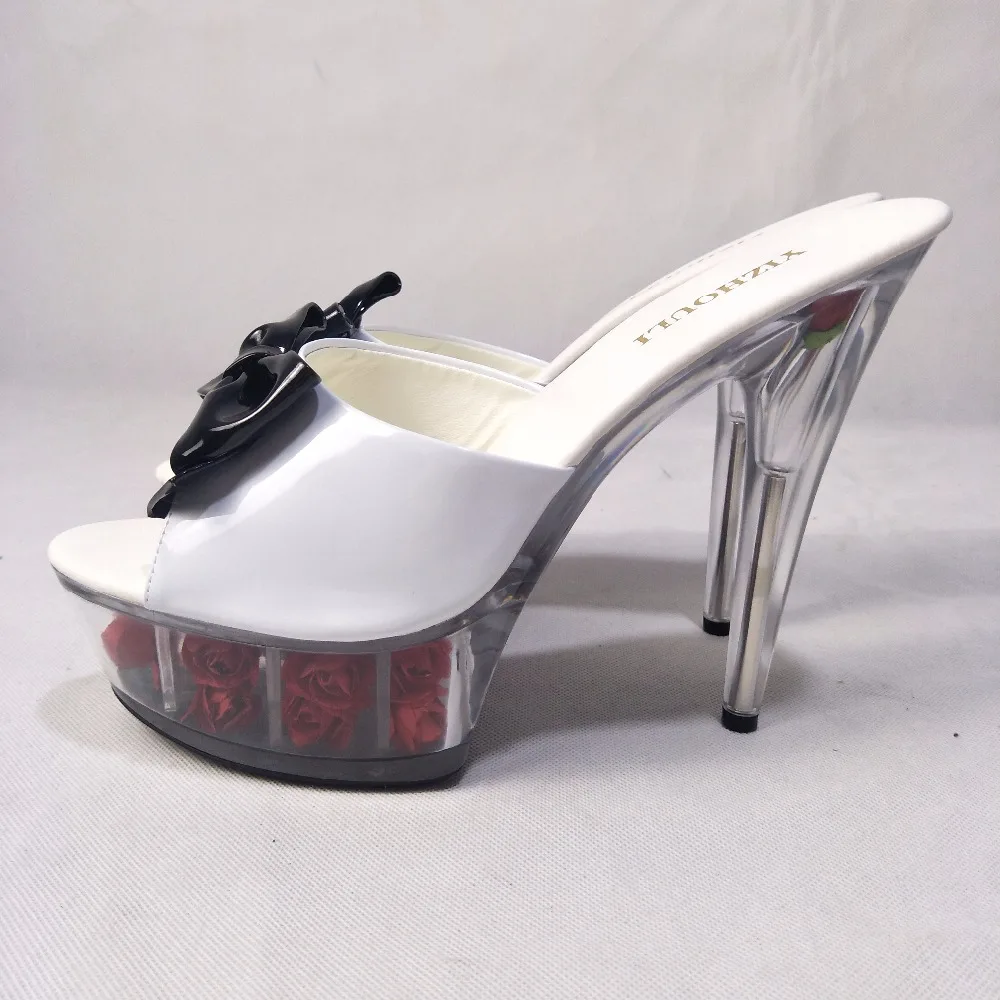 15 cm high heel rose decoration platform, bow sexy sandals transparent 6-inch crystal dancing shoes