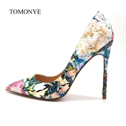 New designer blue with pink flower patent leather pointed toe luxury ladies heels women 12cm high heel shoes pump size 45 33