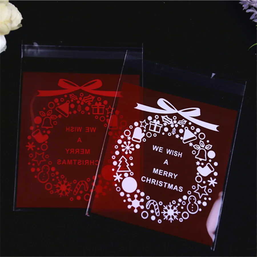 New Design 100pcs/lot 10x13cm Sachet Plastique Bonbon With Bow Self Adhesive Plastic Bags Christmas Candy Packaging