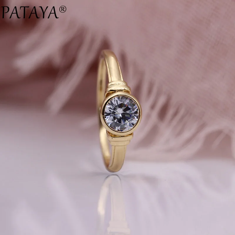 PATAYA New Glossy Hollow Rings Gifts 585 Rose Gold Color Round Natural Zircon Ring Romantic Wedding Simple Fine Fashion Jewelry