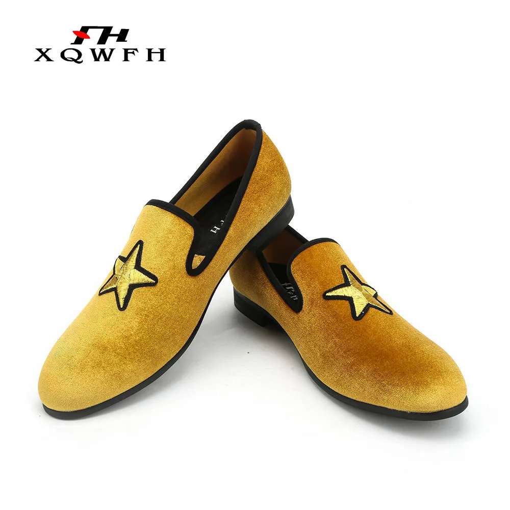 New Fashion Gold Velvet Men Loafers Handmade Embroidery Five-Pointed Star Men Dress Shoes Comfortable Men\'s Smoking Shoes