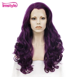 Imstyle-peluca larga y ondulada de 24 pulgadas para mujer, cabellera sintética con malla frontal, color morado, fibra resistente al calor