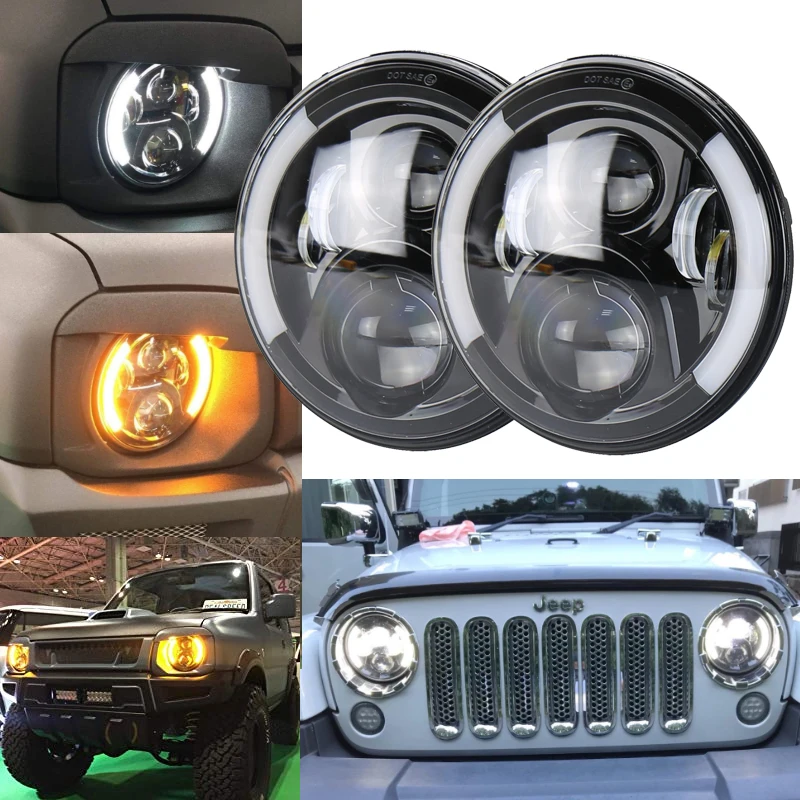 2 Pcs 7 Inch 12V DC 50W LED Headlights White DRL Yellow Turn Signal Lights for JK TJ -Lada Niva