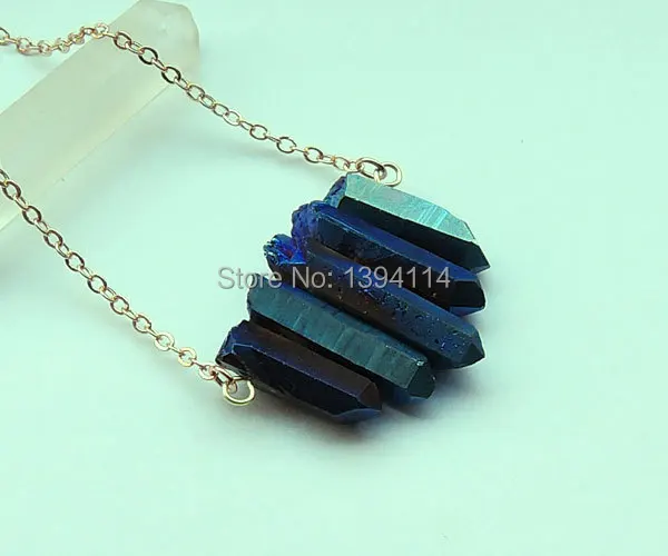 

Titanium Coated Tower Combination Of 5 Blue Crystal Point Pillars Pendant Necklace Gold Plated