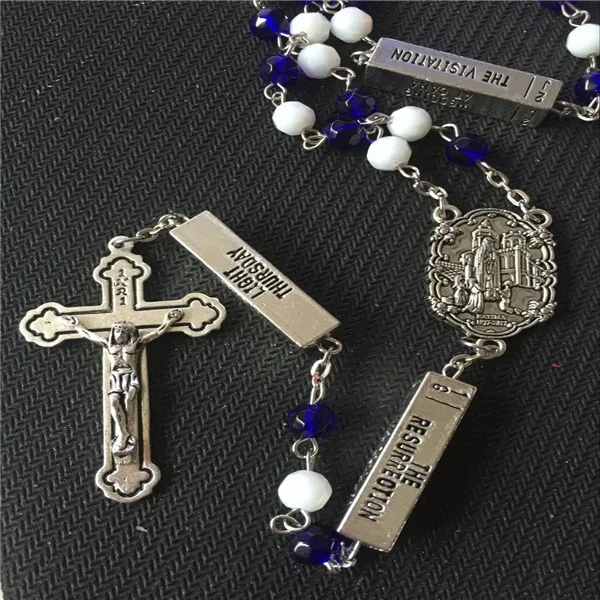 

Metal necklace, Fatima cross necklace, blue and white rosary for Singpore Catholicism