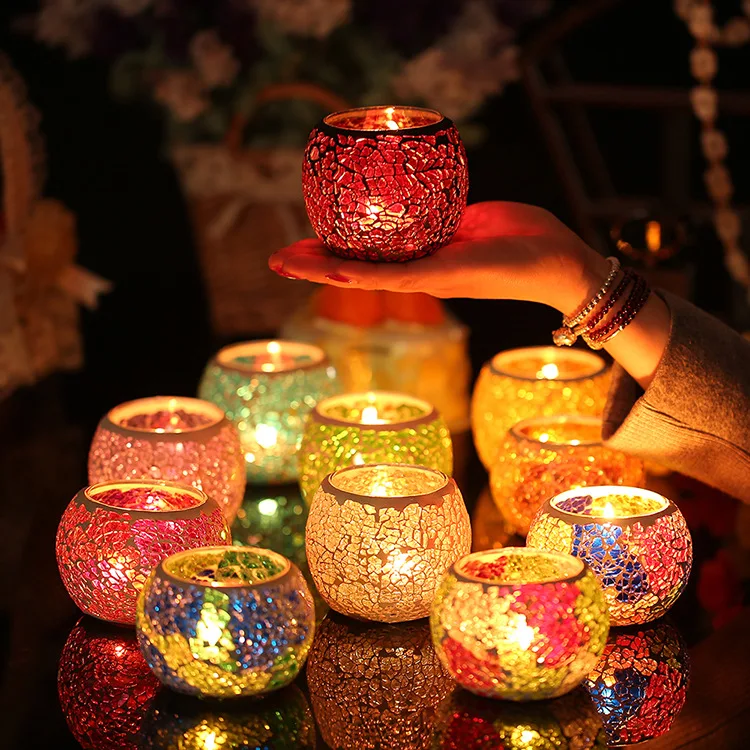 

European style colorful glass candle cup candle cup KTV bar color mosaic candle holder