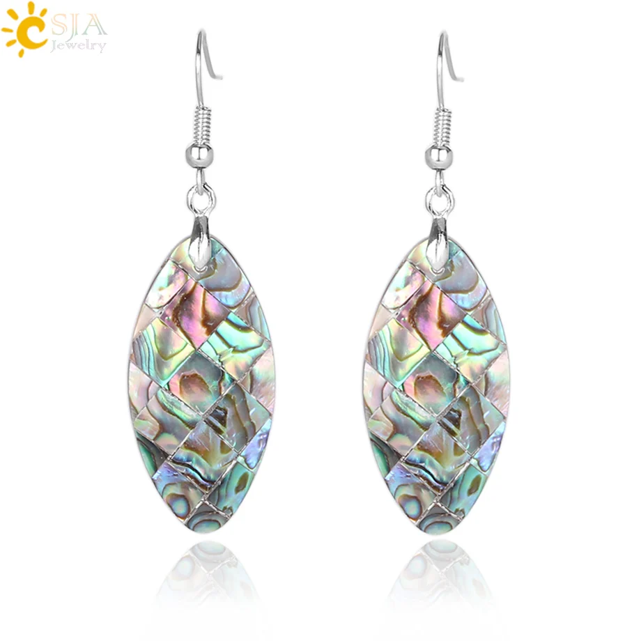 CSJA Natural Dangle Hook Earrings Paua Abalone Shell Bead Pendant New Zealand Olivary Earring Women Hanging Fashion Jewelry E357