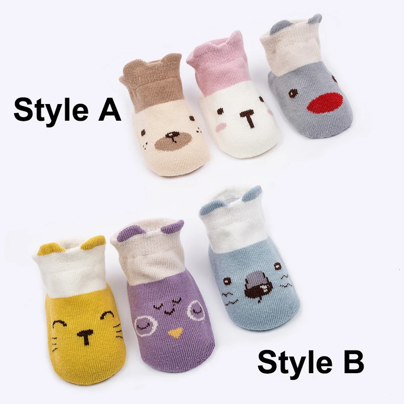 3 Pairs Socks 0-2 Years Baby Anti-slip Socks Cute Cartoon Animal Cotton Baby Boys Girls Socks New Born Socks Lot Toddlers