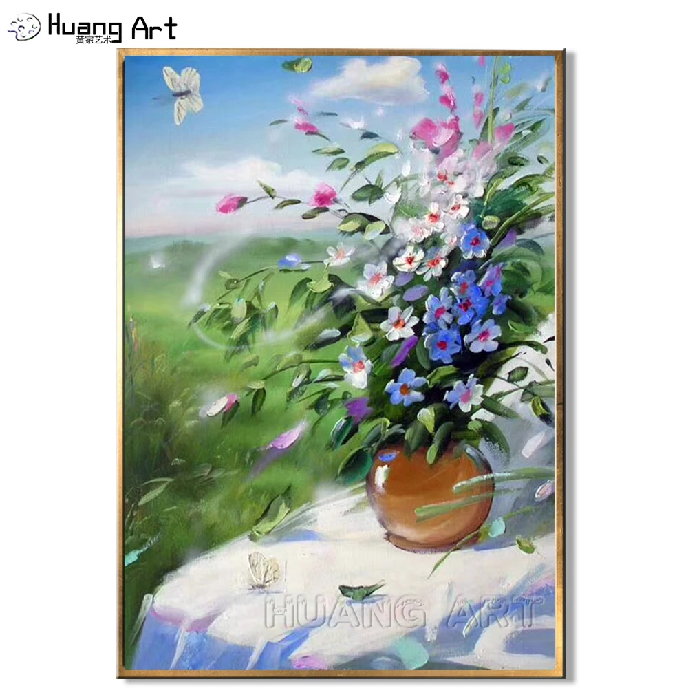 

New Art Fresh Flower Painting 100% Hand-painted High Quality Blue Sky Landscape Oil Painting for Room Decor Vase Wall Painting