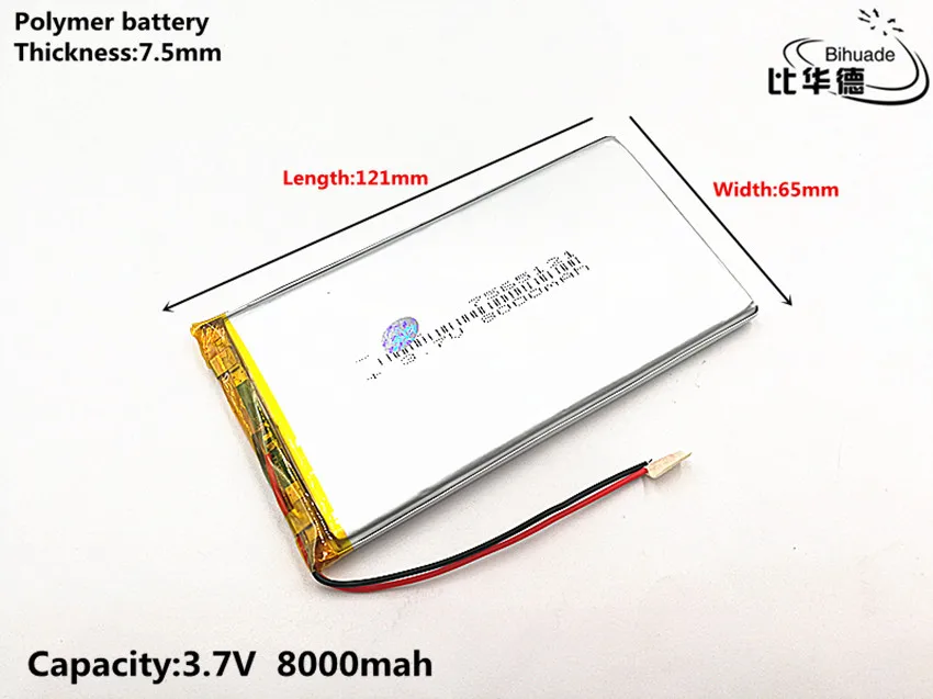 1 sztuk/partia Good Qulity 3.7 V, 8000 mAH, 7565121 polimerowy akumulator litowo-jonowy/litowo-jonowy do TOY, POWER BANK, GPS, mp3, mp4