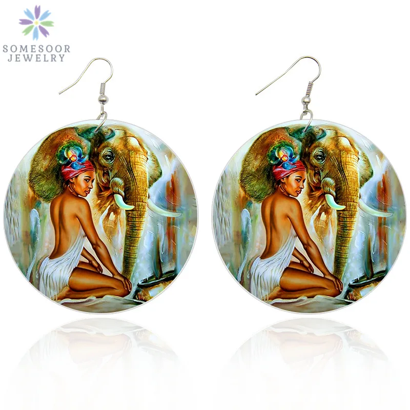 SOMESOOR Both Sides Printing African Ethnic Wooden Drop Earrings Afro Headwrap Woman Animal Eco Photos Jewelry For Women