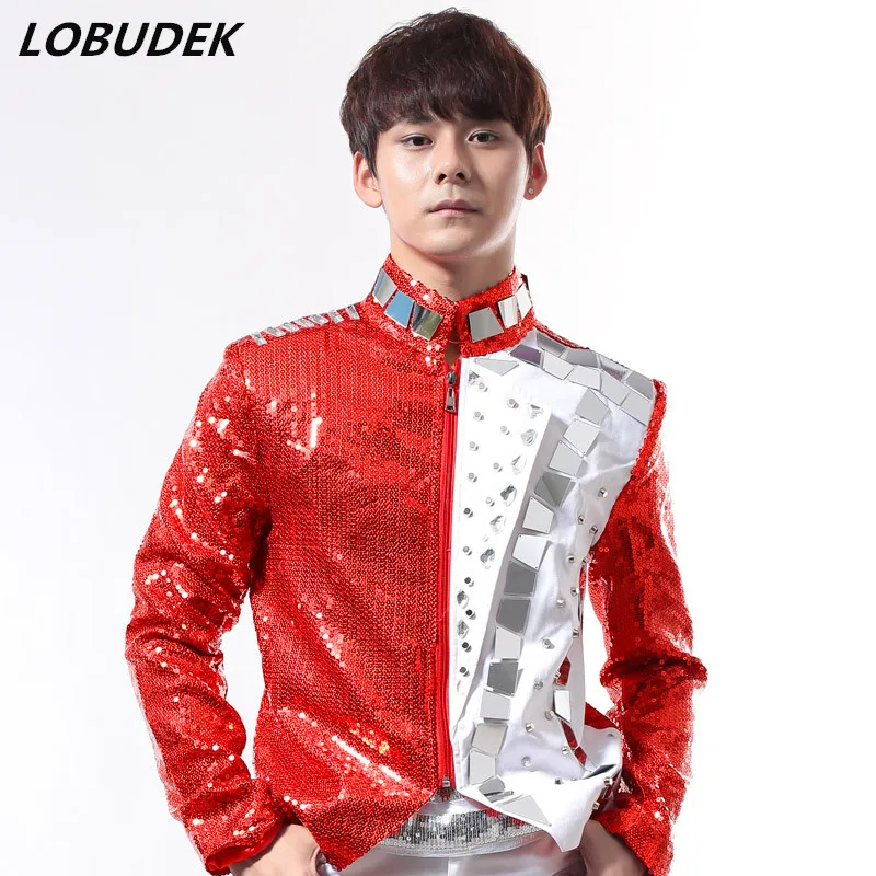 

Men Red Sequins Mirror Rivet Jacket Zipper Slim Coat Bar Nightclub Male Singer DJ Rock Punk Jazz Dance Costume Singer Stage Wear