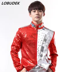 Men Red Sequins Mirror Rivet Jacket Zipper Slim Coat Bar Nightclub Male Singer DJ Rock Punk Jazz Dance Costume Singer Stage Wear