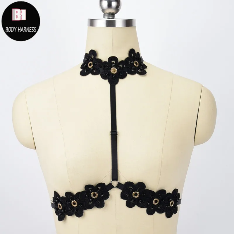 BODY HARNESS Sexy Flowers Harness Necklace Open Chest Cage Bra Harajuku Wedding Women Bondage Crop Top Wear Body Harness