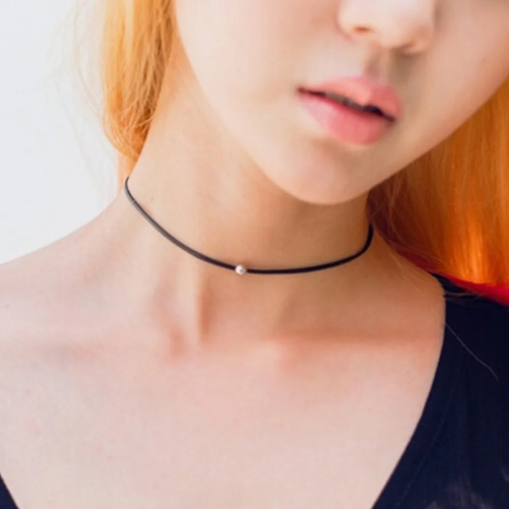 Simple Litter Silver Plated Bead Black Leather Rope Choker Necklace for Women