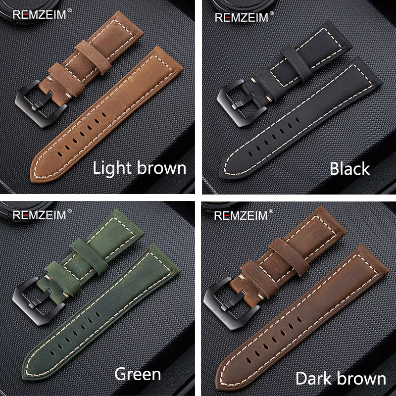 Watchbands 20 22 24 26mm Genuine Leather Dark Brown Black Man Women Handmade Vintage Scrub Wrist Watch Band Strap Metal Buckle