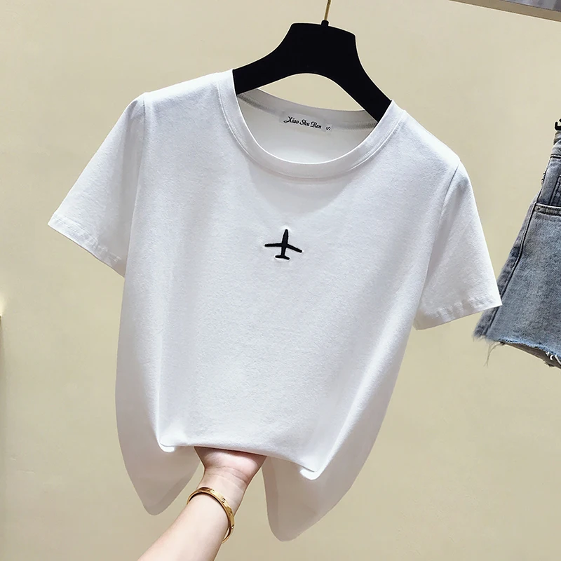 gkfnmt Cotton Female T-shirt Tops Vintage White T shirt Women Tshirt Short Sleeve Embroidery Tee Shirt Femme Summer Casual 2021