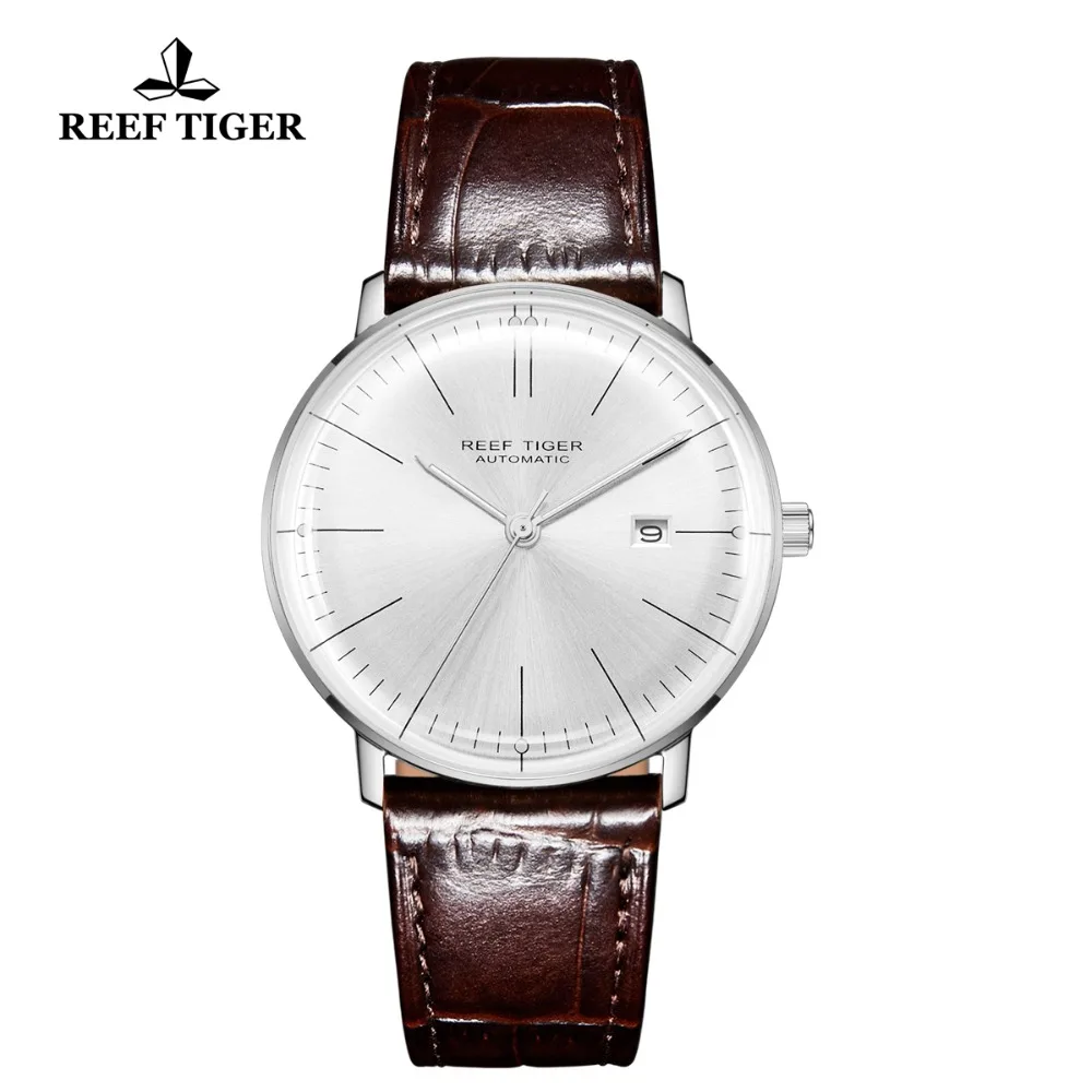 2020 Reef Tiger/RT Luxury Brand Ultra Thin Watch Men Steel Automatic Watches Waterproof Brown Leather Strap Clock RGA8215