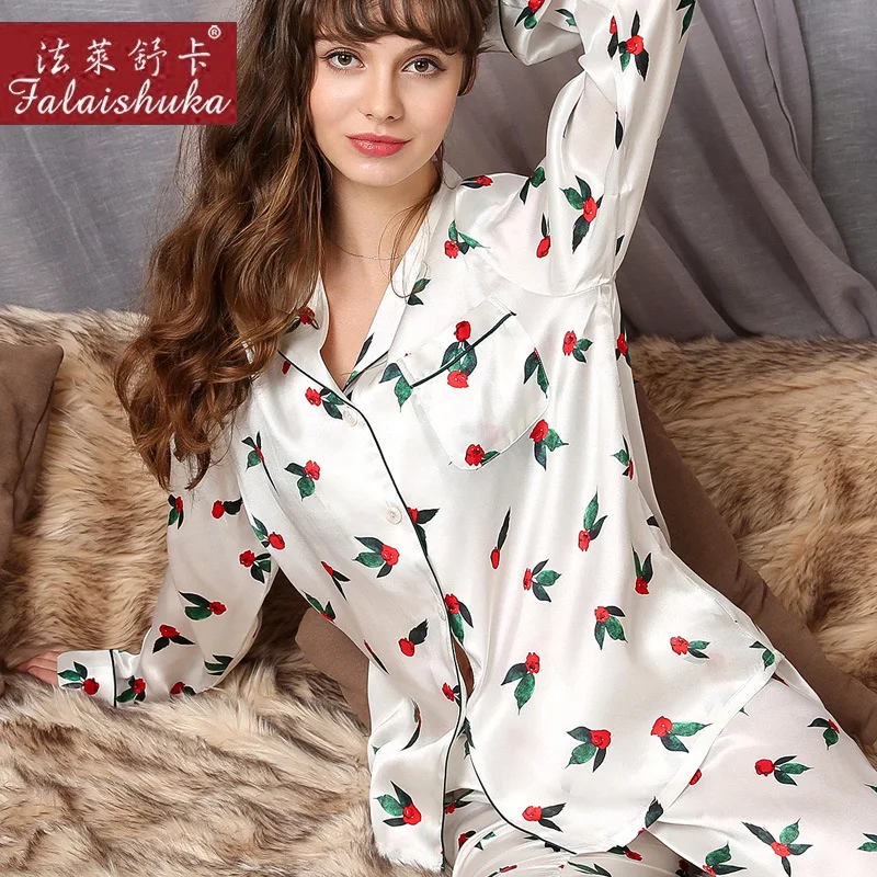 Natural Silk Woman Pajamas Red Rose Printed Long-Sleeve 100% SILK Sleepwear Female Two-Piece Silkworm Silk Pyjama Sets T8170