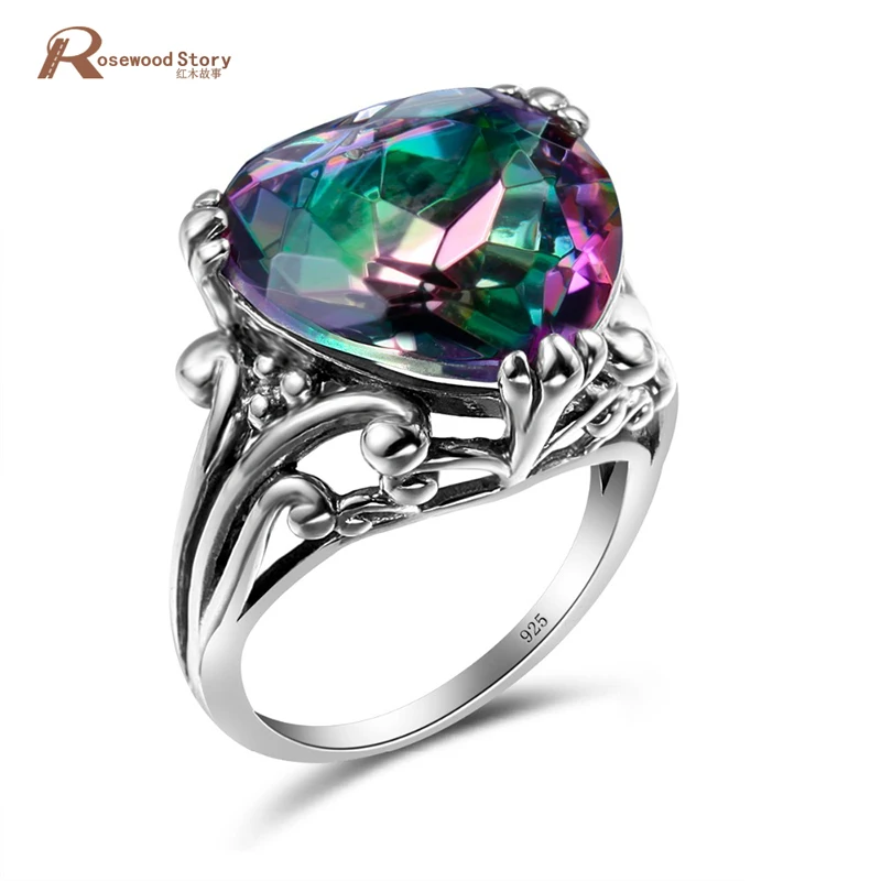 Romantyczny kształt serca 925 srebrny pierścień Rainbow mistyczny Topaz austriacki kryształowy pierścień dla kobiet w stylu Vintage biżuteria akcesoria