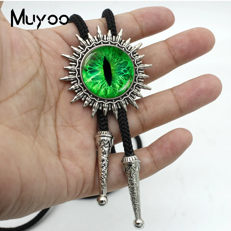 BOLO-0096 New Fashion Vintage Style Green Cat Eyes Glass Round Cabochon Bolo Ties For Men Adjustable Neck Ties Fashion