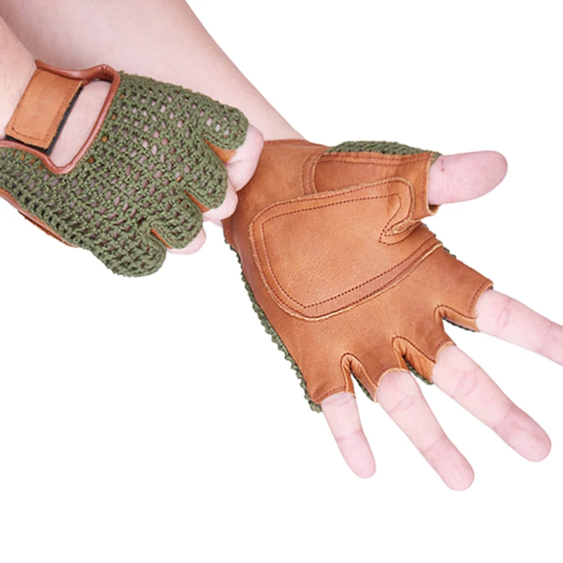 Gants en cuir véritable pour hommes, demi-doigt, peau de mouton, à la mode, tricoté, respirant, pour conduite, TB06