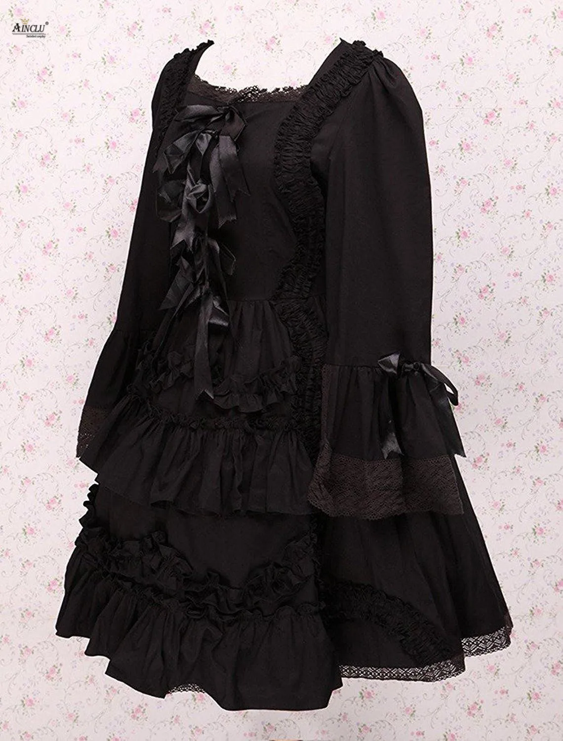 Lady Gothic Court Lolita Dress Cotton Black Long Sleeves Bows Lace Middle-Long Dress Lolita Dress Ainclu Cosplay XS-XXL Women