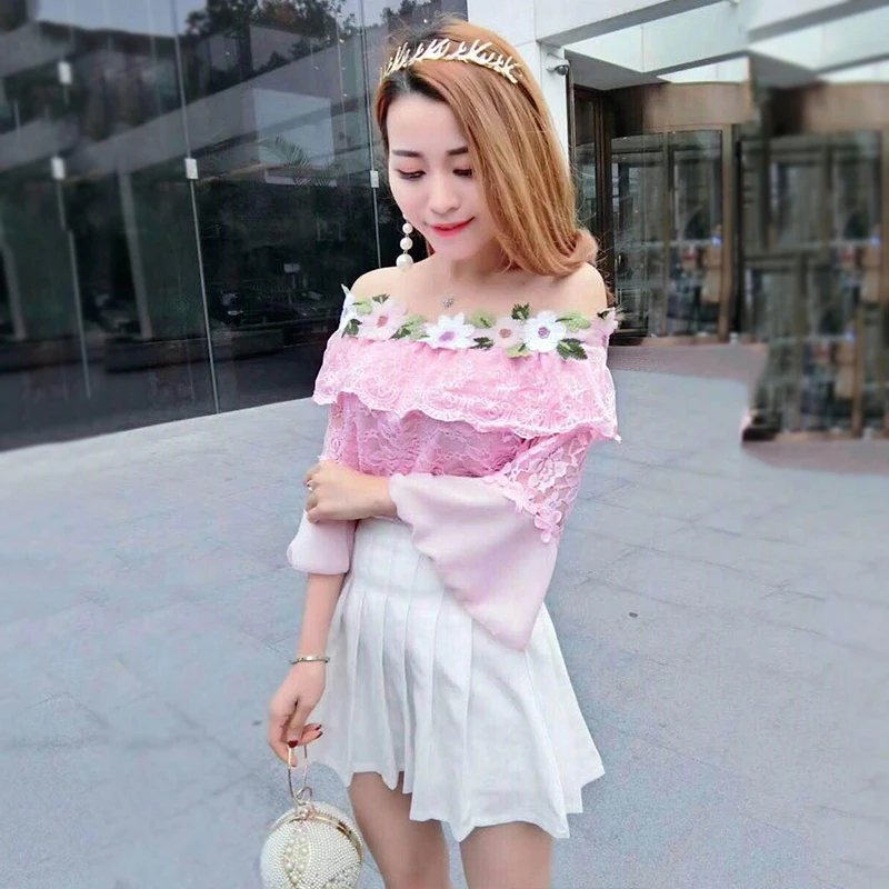 2018 Women Summer Mesh Shirt Sweet Floral Lace Blouse Female Slash Neck Short Sleeve Blouses Blusas Bottoming Short Tops AB848