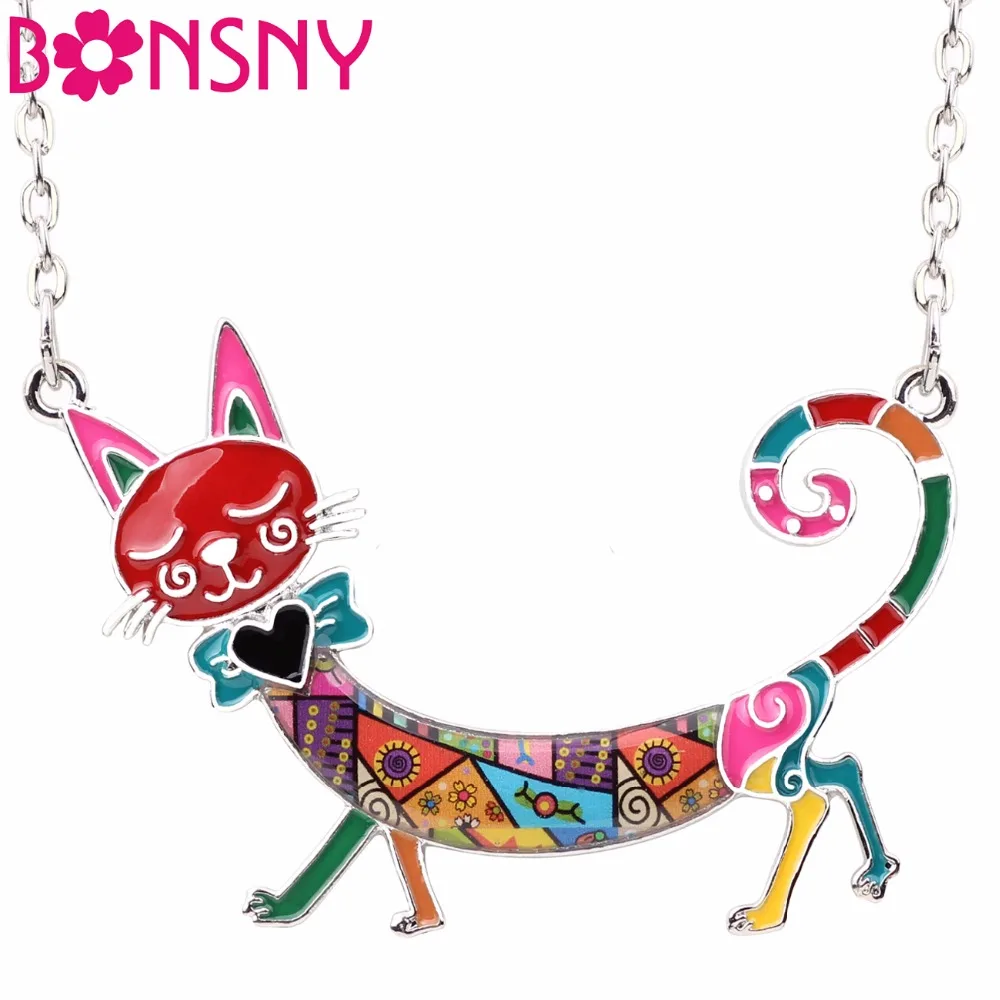 Bonsny Statement Maxi Enamel Kitten Cat Choker Necklace Alloy Pendant Chain Collar Animal Pets Accessories Jewelry For Women