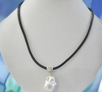 Free shipping white baroque keshi reborn pearl pendant leather necklace 17inch