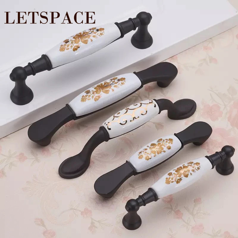 

96mm Kitchen cabinet Gold flower handle Ceramic drawer pull knobs Antique brass dresser Cupboard wardrobe furniture door handles