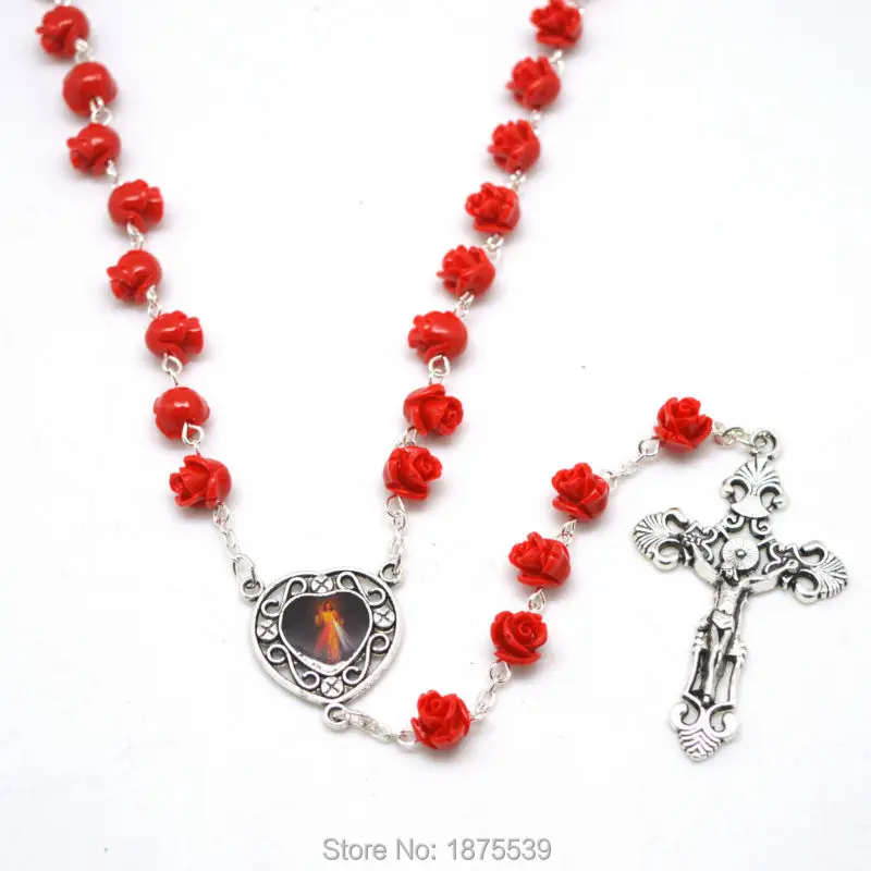 Red Coral Flower Bead Jesus heart medal catholic rosary