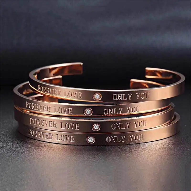 

(10pcs)Women C Style Open Rose Gold Stainless Steel Bracelet Bangle with forever only you logo white CZ for Gife