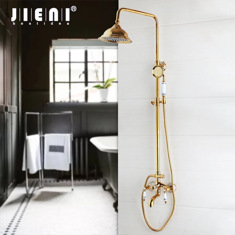 JIENI Golden Plated Bathroom Shower Faucet Head Aerator Nozzle High Pressure Brass Crystal valve Ceramic Handle Shower Set