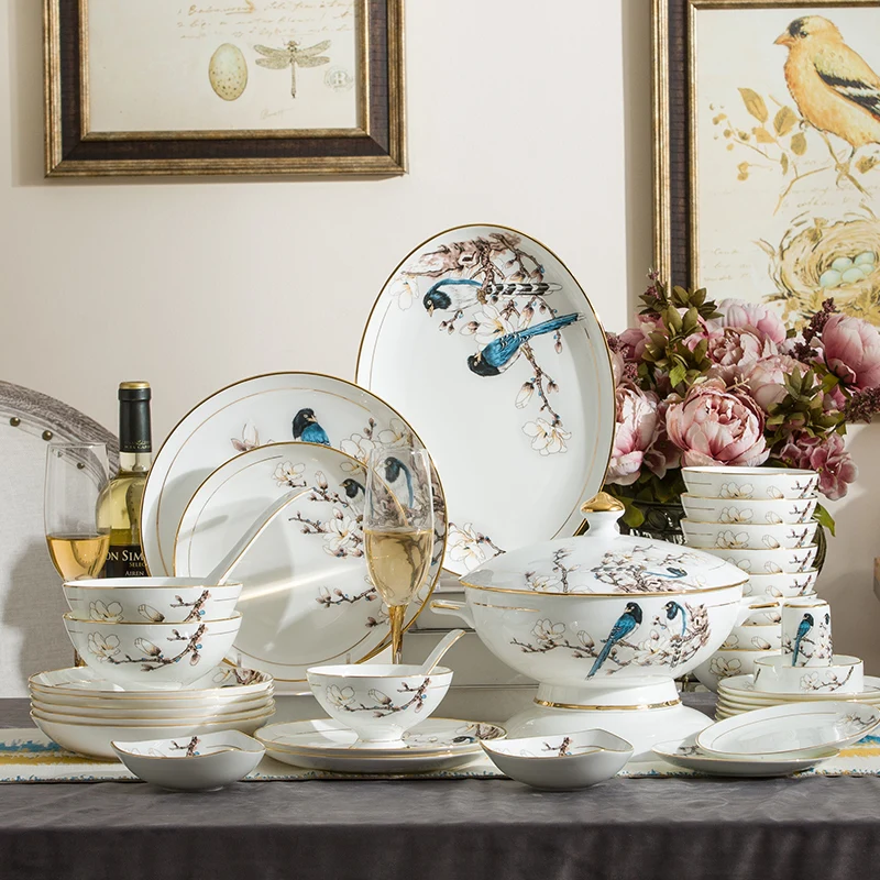 Jingdezhen ceramic tableware Bone China household dish set European bowl plate saucer gold border