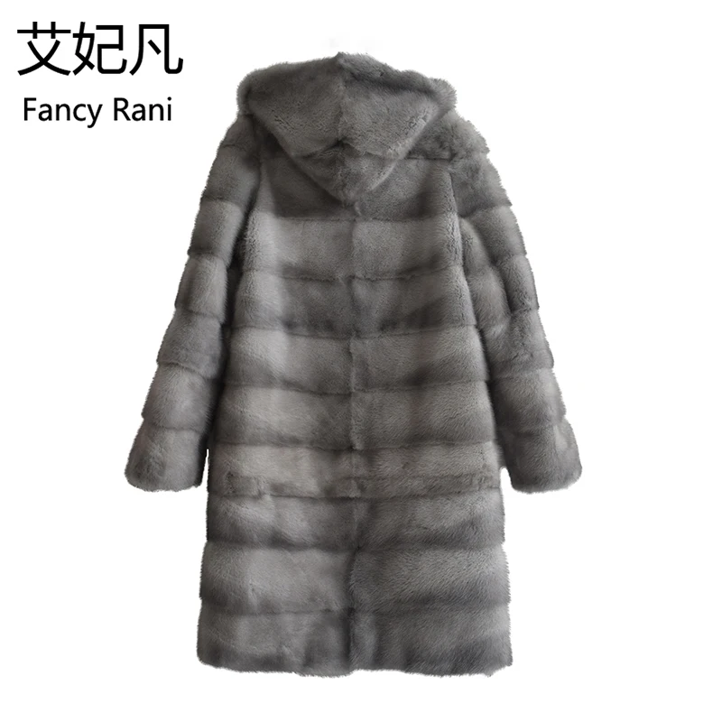 Fancy Rani Winter Women Real Natural Mink Fur Coat Hood Mink Fur Female Genuine Fur Jacket Hooded Detachable Sleeve Customized