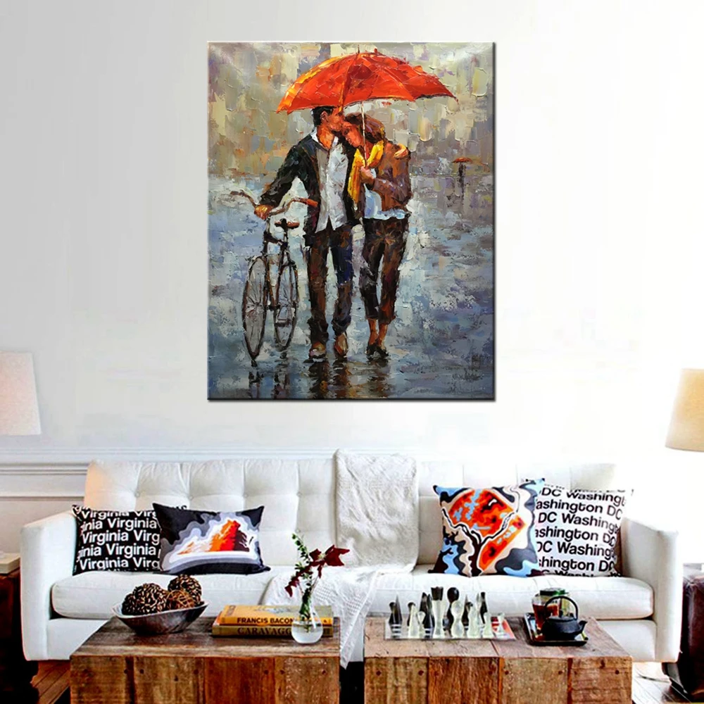 

Giclee Printed Couples Holding Red Umbrella Hold Bicycles Knife Oil Painting Print on Canvas Landscape Picture Bedroom Dropship