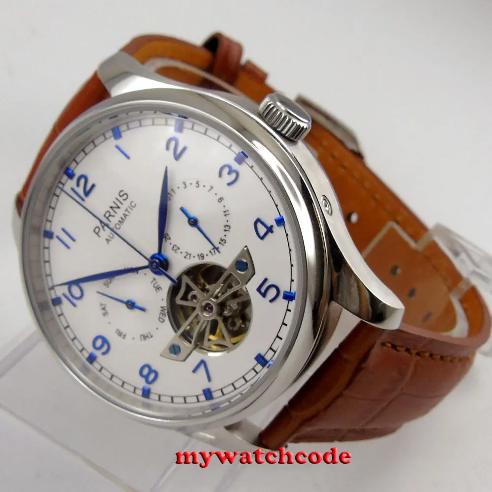 43mm parnis white dial date brown strap ST2552 automatic movement mens watch 902