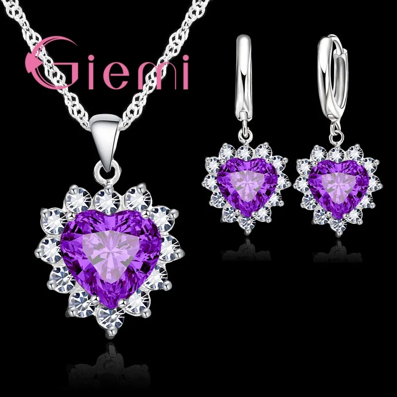 Love Heart Crystal Pendant 925 Sterling Silver Party Jewelry Sets Necklace Earrings For Women Valentine Gifts