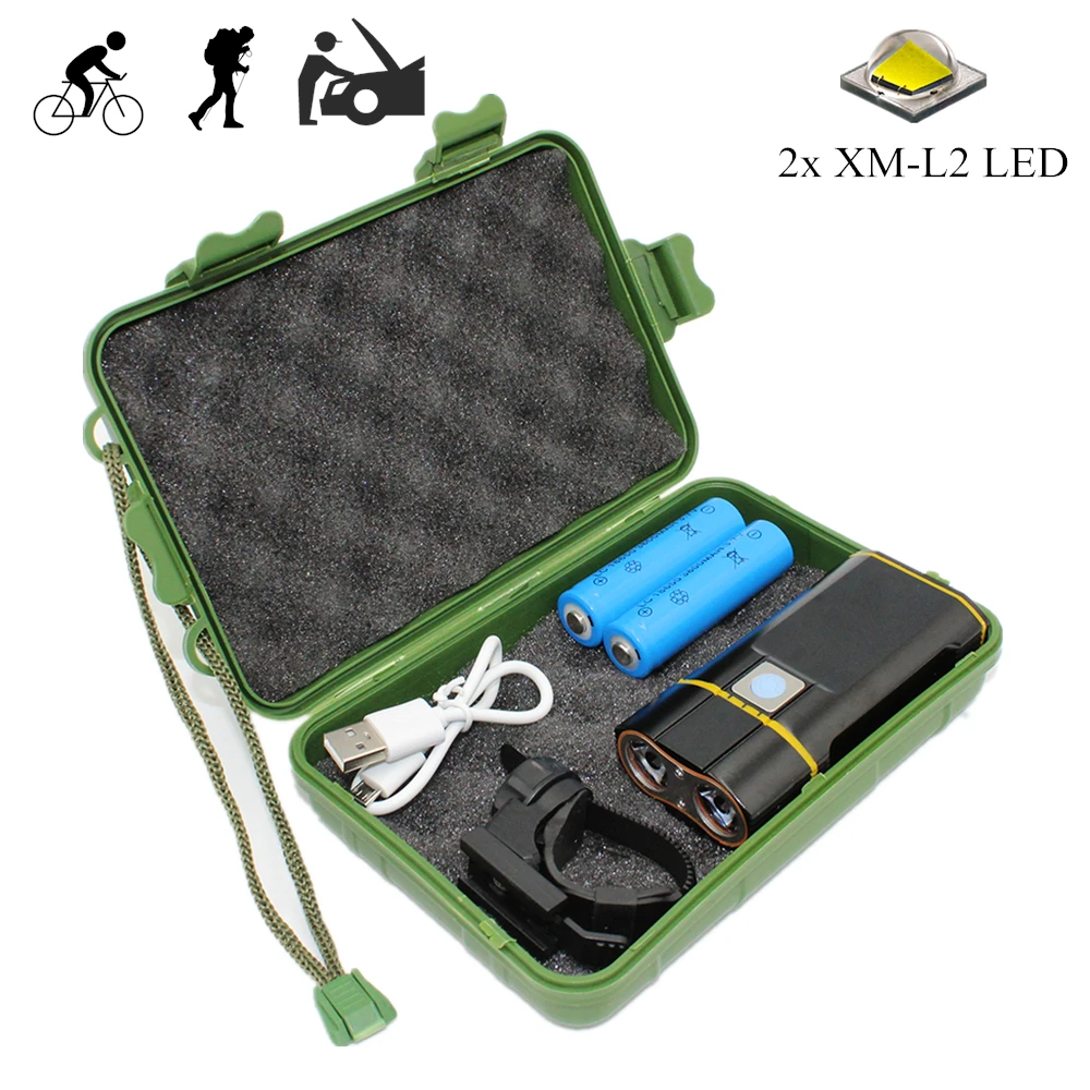 LED Flashlight USB Rechargeable Bicycle Light 2x XM-L2 Torch Front Bike Light Dual Lamp + 18650 Battery + Mount Holder