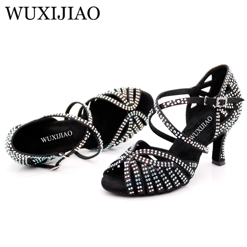 WUXIJIAO-zapatos de baile latino para mujer, calzado de Jazz, Salsa, salón, piel de bronce negro, tacón Curban