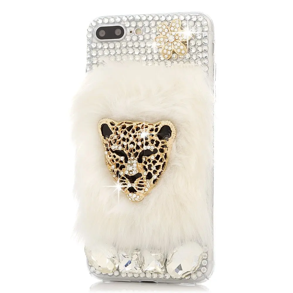 

Soft Phone Case Cover for iPhone, Bling Crystal, Golden Leopard Head, Rabbit Fur, for iPhone 15Plus, 14Pro, 11, 12, 13 Pro, XS