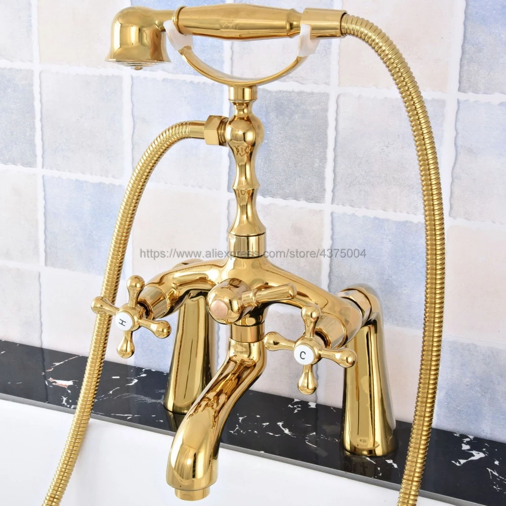 

Bathtub Faucets Luxury Gold Color Brass Deck Mounted Bathtub Faucet With Hand Shower Bathroom Bath Shower Faucets Ntf775