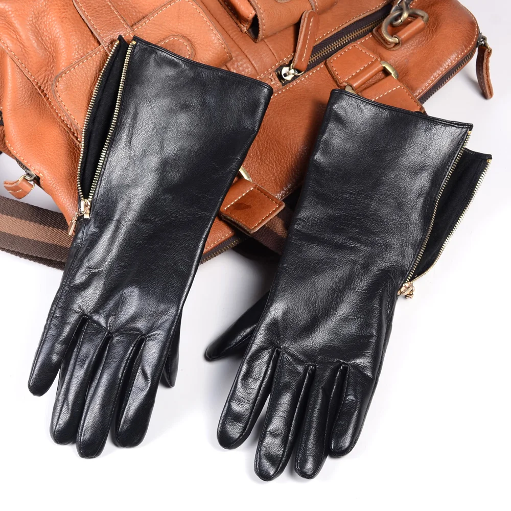 Men Winter Real Leather Long Gloves With Golden Zipper Male Show Black Thick Manopla Hand Warm Mott Cycling Suede Gauntlet