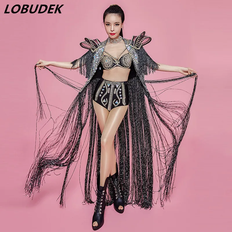 High-end Tassel Cloak Sparkly Rhinestones Luxurious Costume Club Women DJ Singer Stage Outfit Star Vocal concert Tide Dance wear