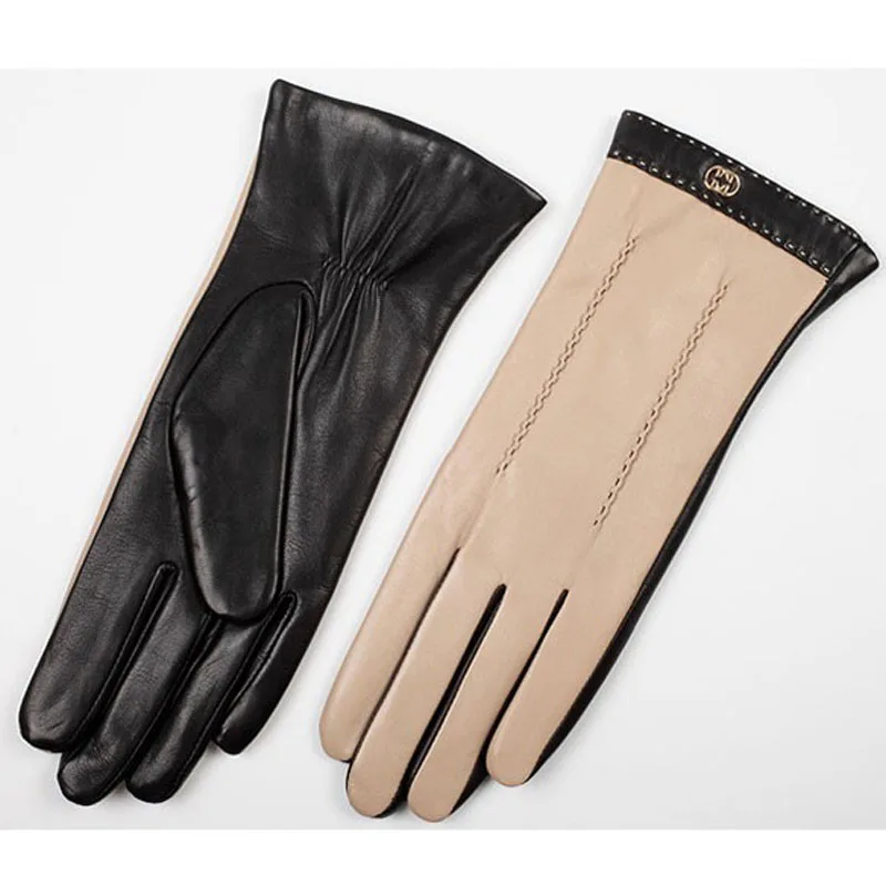 Guantes de cuero Real para mujer, moda femenina, dos tonos, pantalla táctil, piel de oveja, cálido, forrado, para conducir, L169NC2