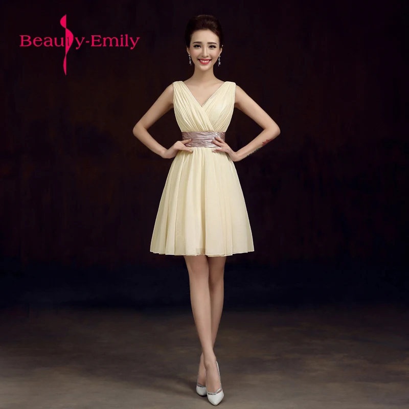 

Vestido De Festa V Neck Sleeveless Vintage Wide ribbon belt chiffon short Bridesmaid Dresses Women Formal wedding Party Gowns