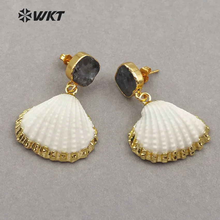 WT-E452 WKT Wholesale new design earrings square black stone studs with natural scallop shell pendant dangle earrings women gift